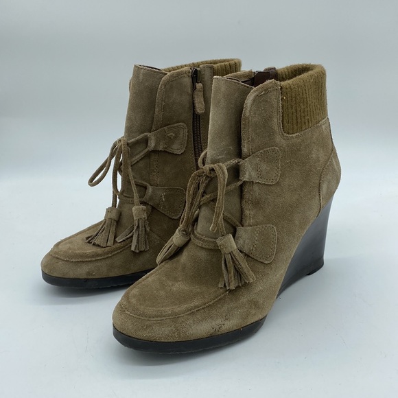 Franco Sarto Westerly Ankle Booties Wedges Shoes Tan Leather Suede Womens 7.5 M - Picture 4 of 15